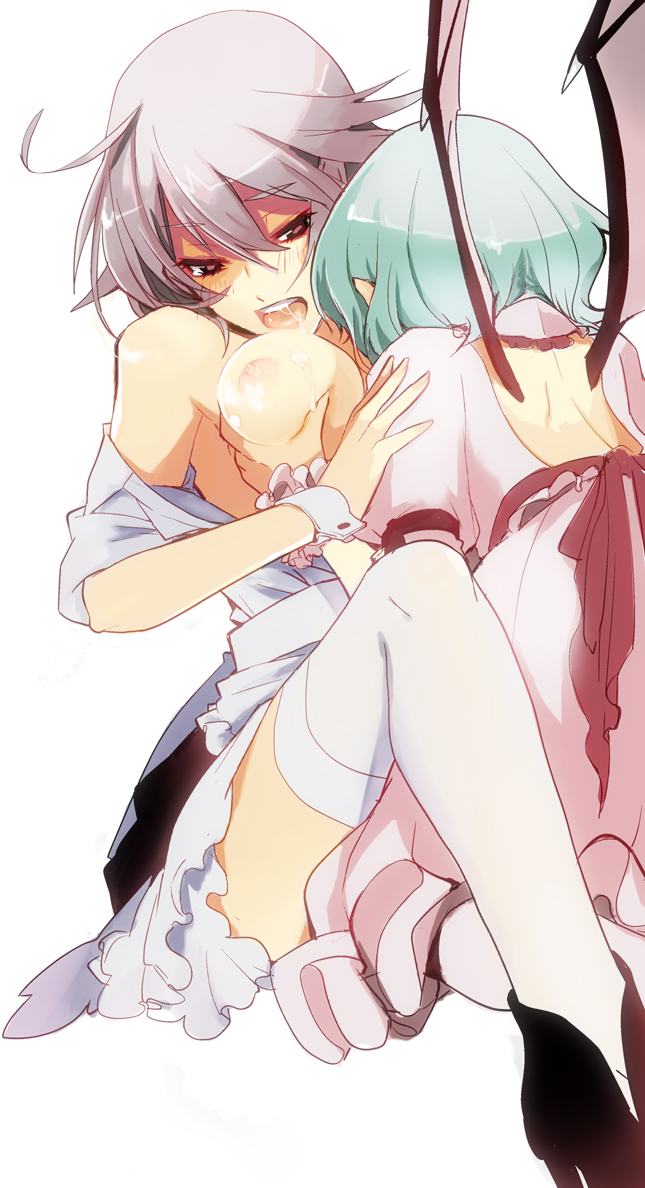 Rule 34 – 2d 2girls blue hair breast grab breast sucking breasts drooling female female only multiple girls nipples no bra open clothes open mouth open shirt red eyes remilia scarlet sakuya izayoi shirt short hair silver hair siskin the embodiment of scarlet devil thighhighs touhou white legwear white thighhighs wings wrist cuffs wristband yuri | 88110