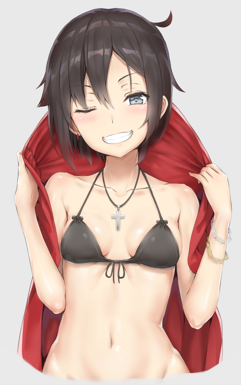 Rule 34 – 10s 1girls 2017 ;) adolescent bare shoulders bikini black hair breasts chains cleft of venus collarbone cross cross necklace female front-tie bikini top front-tie top grey background grin half-closed eye halterneck hand up jewelry light-skinned female light skin navel necklace one eye closed parted lips reinama ruby rose rwby short hair silver eyes simple background small breasts smile solo stomach swimsuit teenage girl teenage tits teenager teeth upper body young young female | 14993871