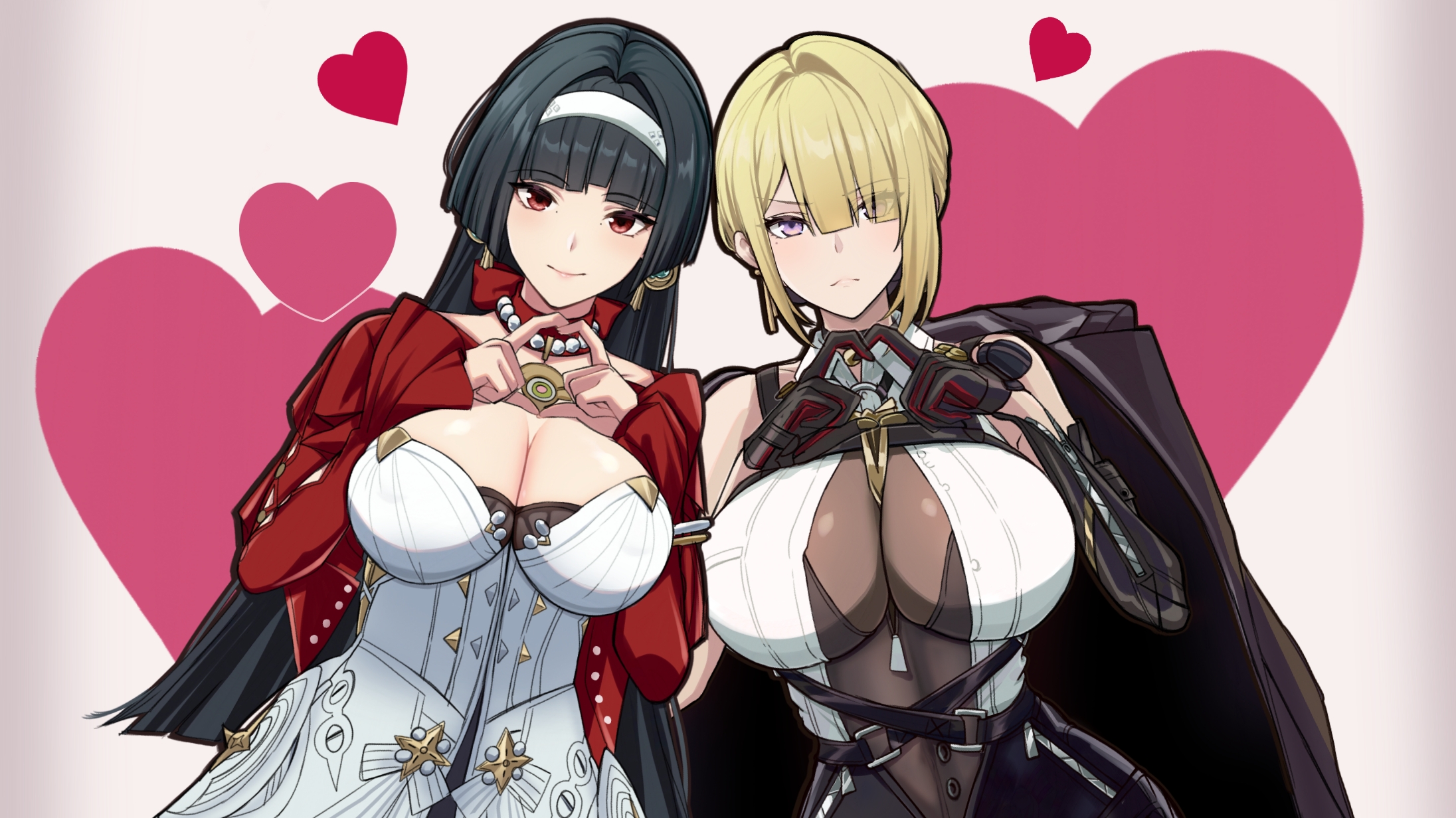 Rule 34 – 2girls arm strap astra yao black gloves black hair blonde hair blunt bangs breasts cleavage dress earrings evelyn chevalier gloves hair intakes hair over one eye hairband heart highres jewelry large breasts long hair looking at viewer mole mole under eye multiple girls purple eyes red eyes saint laurent paris smile white background white dress white hairband zenless zone zero | 14995355