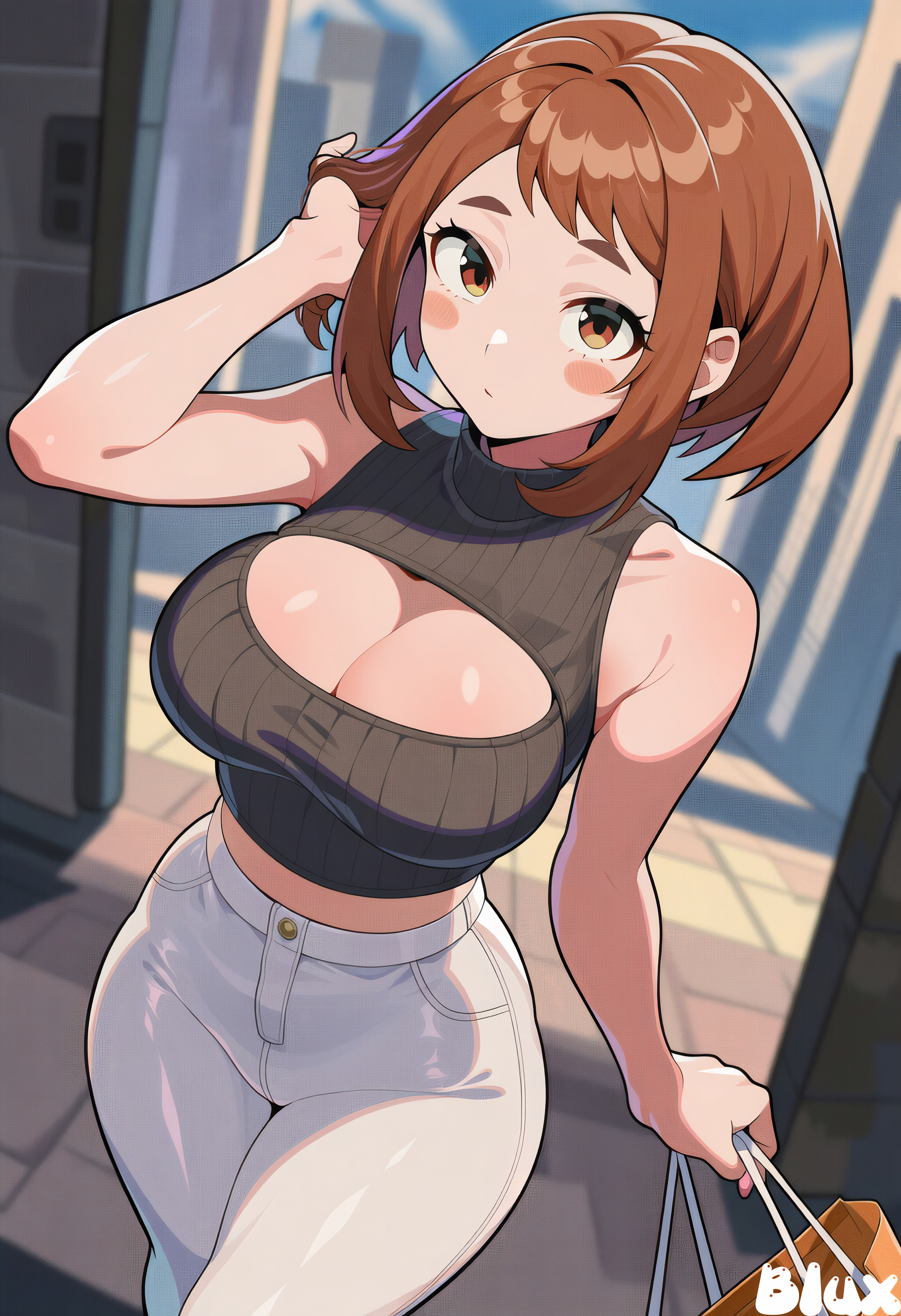 Rule 34 – ai generated boku no hero academia cleavage cutout cleavage window hand on head looking at viewer my hero academia ochako uraraka pants shopping shopping bag turtleneck white pants | 15000728