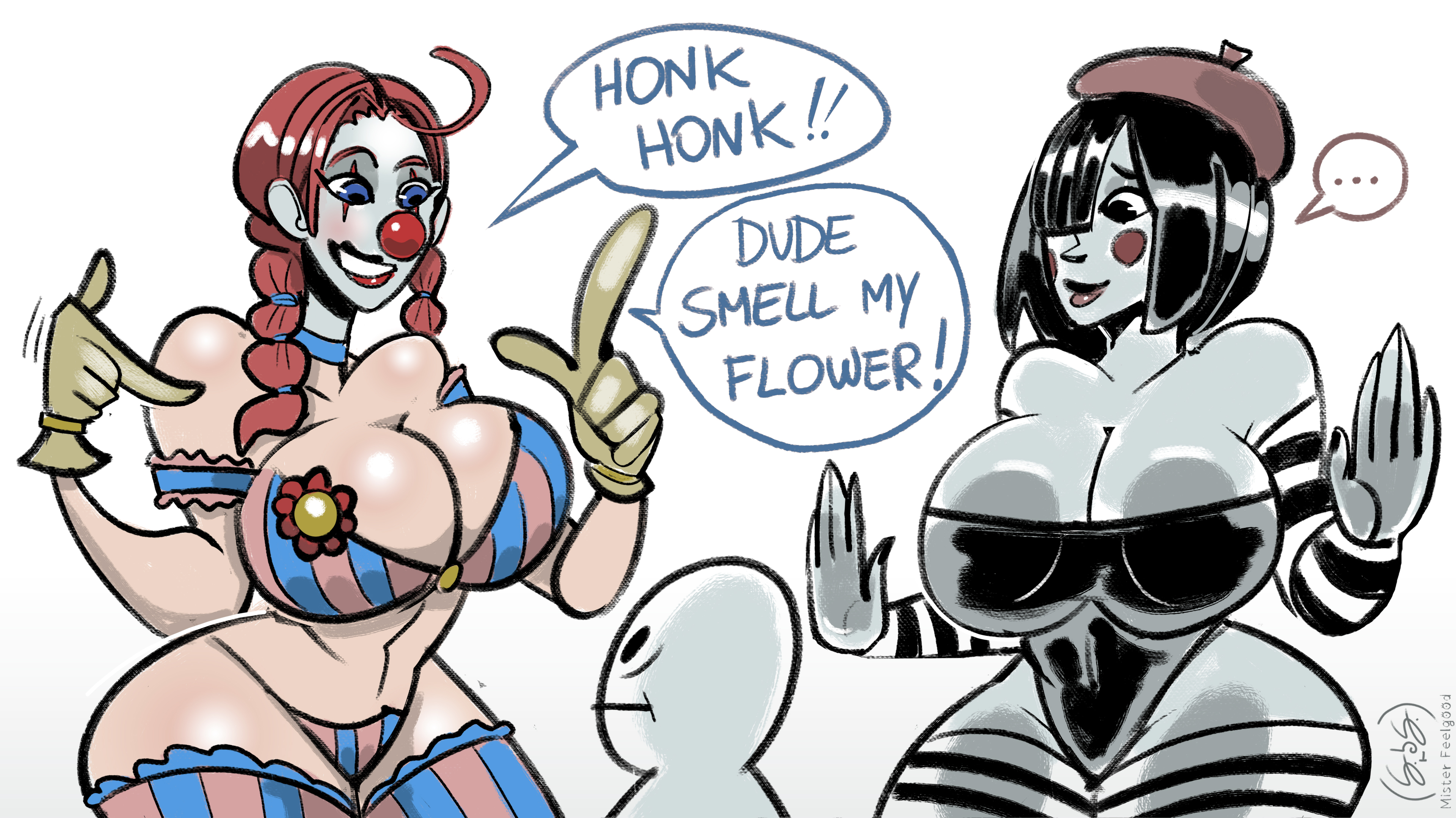 Rule 34 – 2d 2girls anonymous male big ass big breasts black hair blue eyes breasts breasts on glass clown clown girl clown makeup clown nose clussy comic funny illustration midriff mime mime girl mister feelgood oc red hair sketch thick legs thick thighs twintails wide hips | 15001357