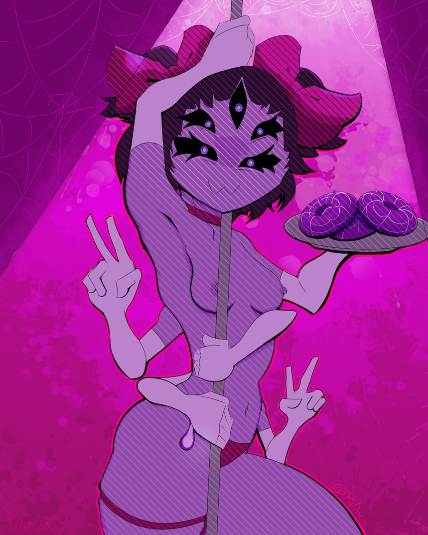 Rule 34 – 5 eyes breasts breasts out donut female kidincu looking at viewer monster girl mostly nude muffet nipples panties pole spider girl spider web thick thighs undertale undertale (series) v sign | 15001338