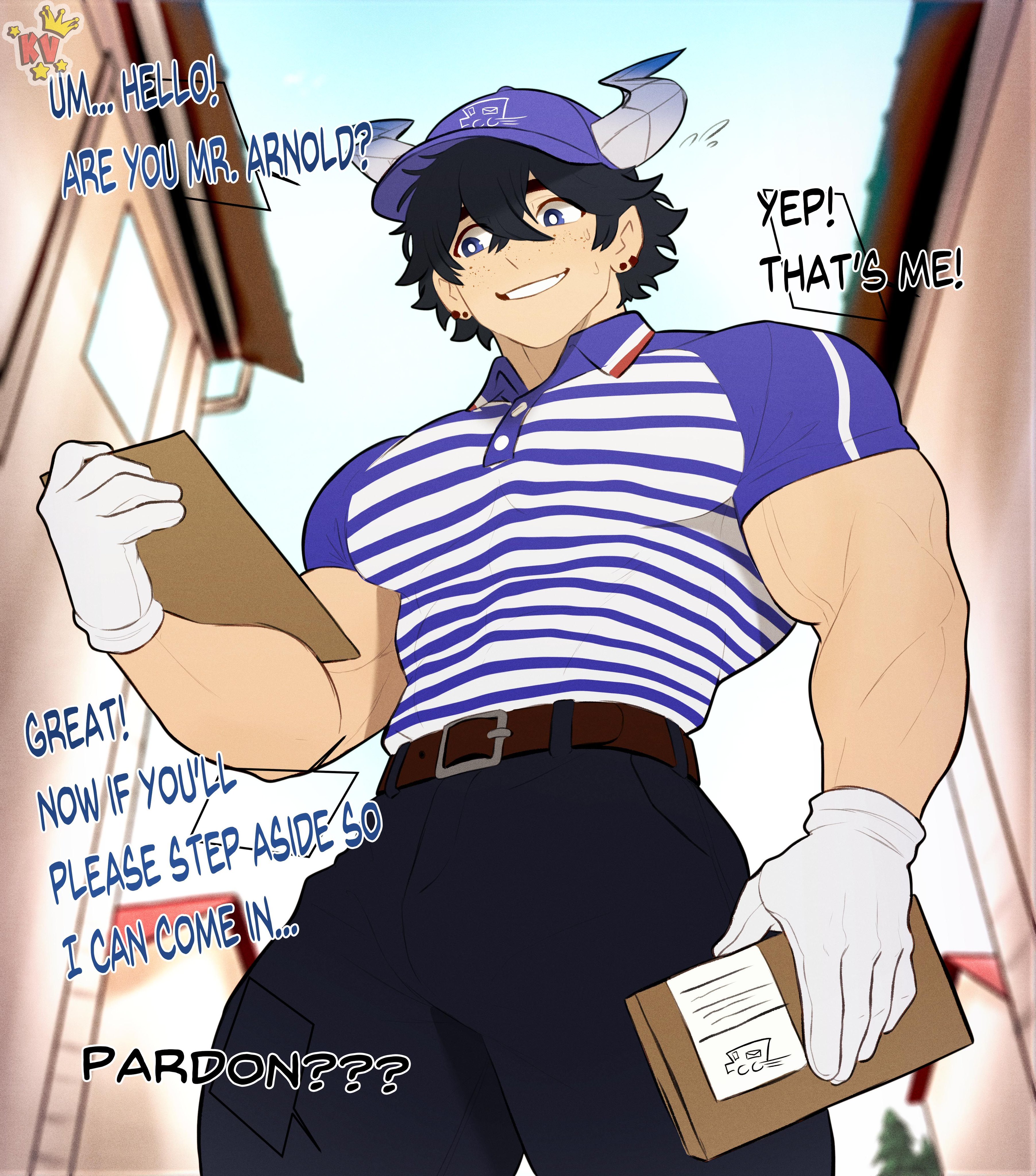 Rule 34 – 1boy 1male belt black clothing black hair black hair male black pants black text blue and white shirt blue eyed blue eyes blue eyes male blue hair blue hair male blue text cap clothed clothed male damian (kingdom velvet) delivery boy delivery employee delivery man delivery uniform demon demon boy demon horns discussion earrings english dialogue english text freckles freckles on face gloves horns humanoid kingdom velvet low-angle view muscles muscular muscular male non-human oc original character outdoor outdoors package package box pants shirt smile smiling smiling at another solo solo male speech bubble striped clothing striped shirt talking talking to another watermark white clothing white gloves | 15003068