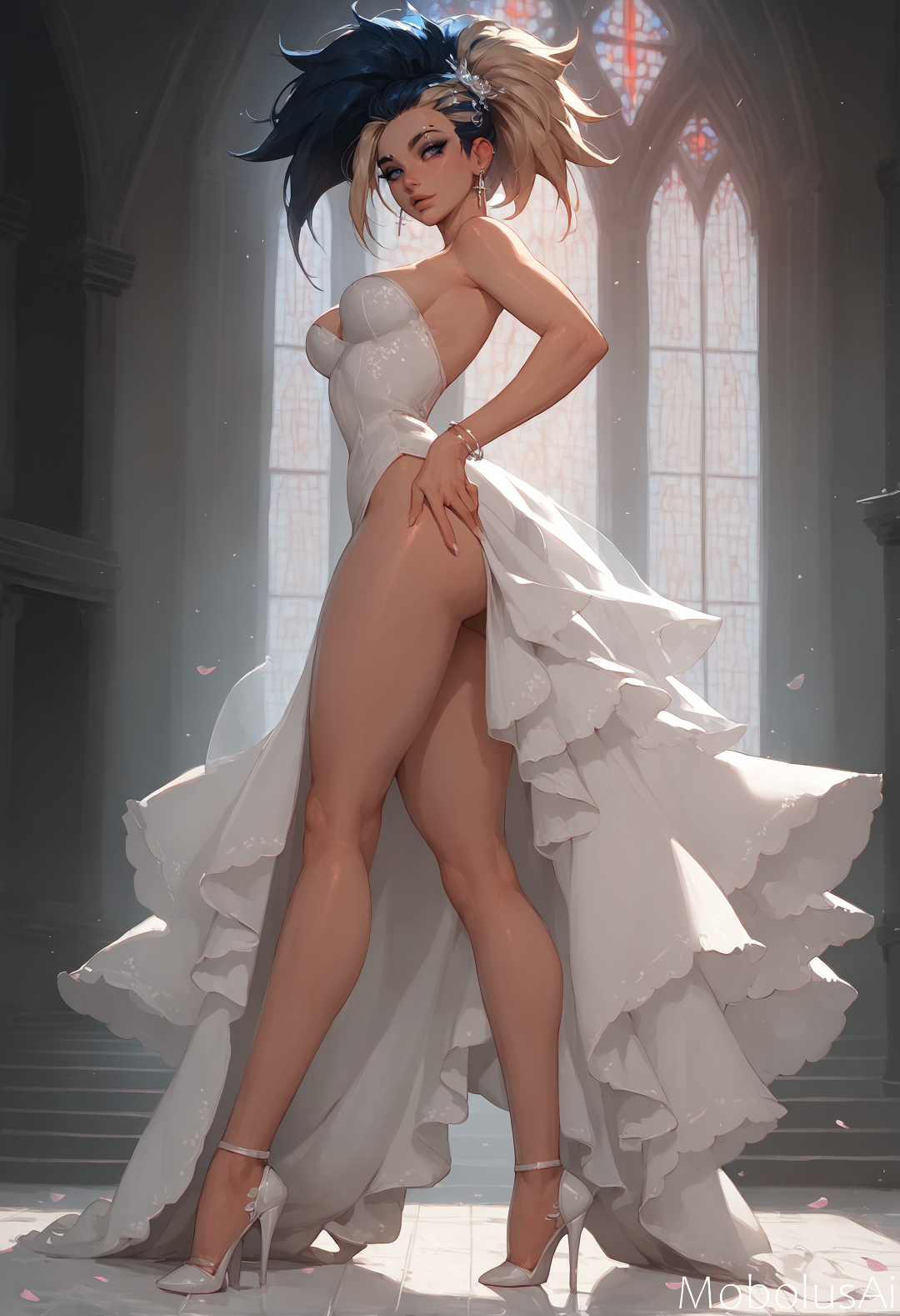 Rule 34 – ai generated akali bride church corset female heels high heels k/da akali k/da all out series k/da series legs long legs mobolusai multicolored hair posing seductive seductive look side view thighs wedding dress white dress white female | 15004765