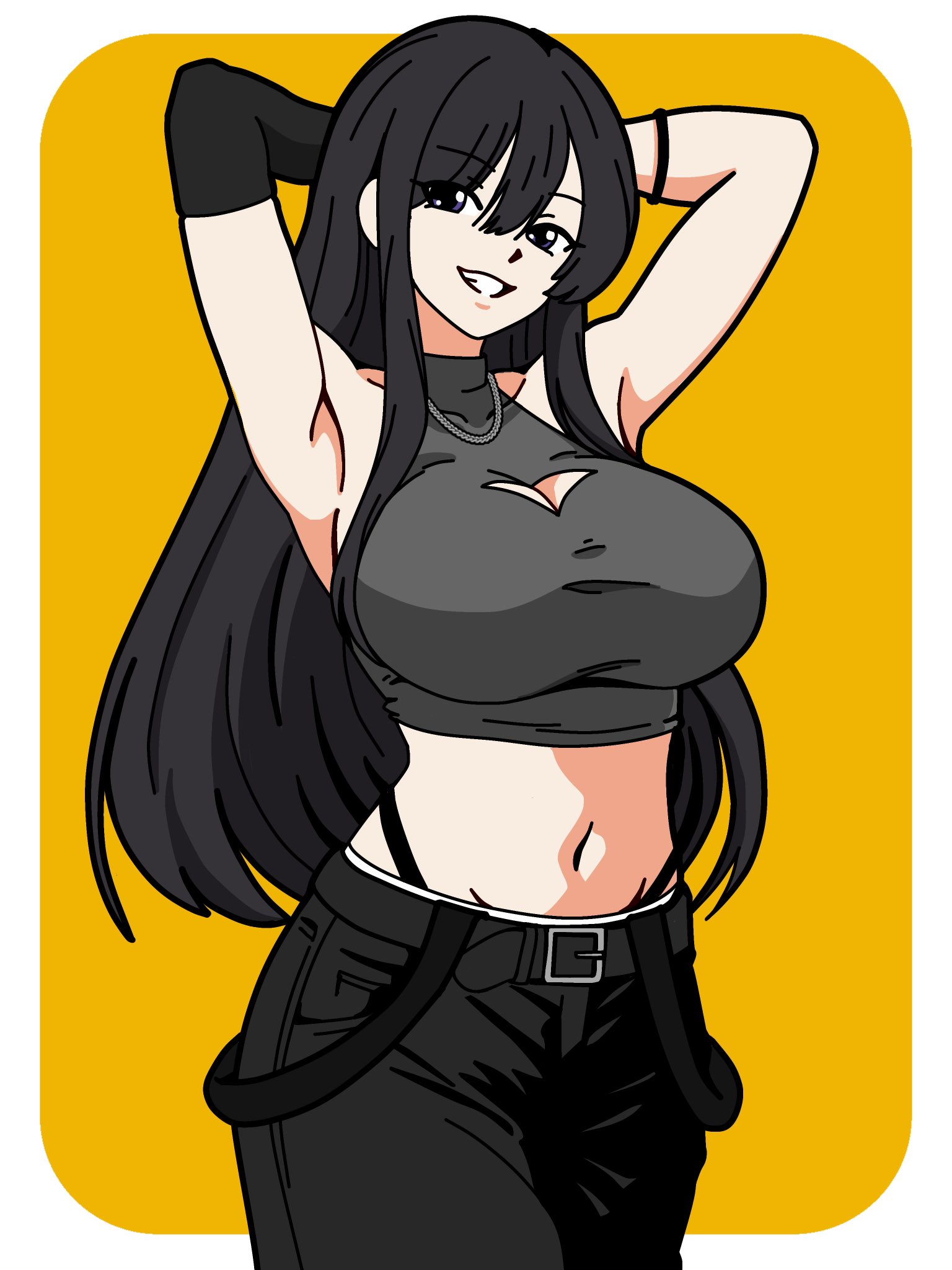 Rule 34 – 1girls armpits arms behind head big breasts black hair breasts busty cleavage cutout clothing cutout female female only gloves grin highres large breasts legs long hair looking at viewer midriff morisaki sayaka navel original original character pants parted lips pose posing purple eyes seductive seductive look seductive smile sensual sexy sexy armpits sexy pose smile solo teeth thighhighs thong very long hair voluptuous whale tail | 15009168