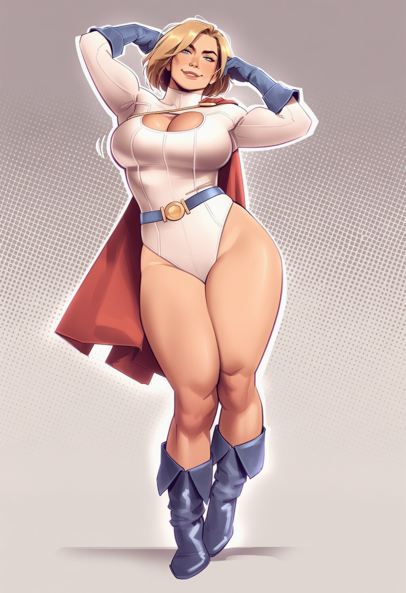 Rule 34 – arms behind head arms up belt biceps blonde hair blue eyes blue footwear blue gloves boots breasts cape cleavage cleavage cutout clothing clothing cutout curvy dc dc comics female female footwear gloves highleg highleg leotard large breasts leotard lips looking at viewer loose belt mismatched eyebrows muscular muscular female phophopho power girl red cape ribbed leotard short hair smile solo standing superhero thick thighs thighs toned white leotard | 15022647