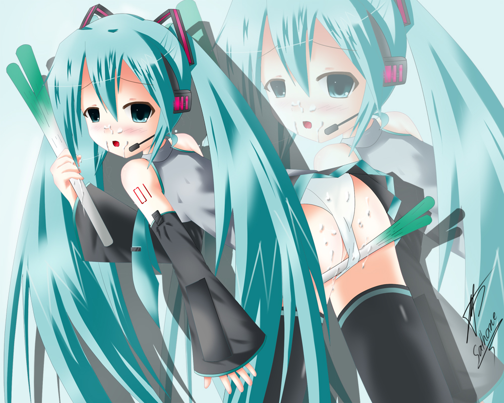Rule 34 – aqua eyes aqua hair ass bent over blush bukkake cum cum on ass cum on body cum on clothes cum on lower body cum on thighs detached sleeves facial female hatsune miku headphones headset long hair looking back necktie open mouth panties pussy pussy peek skirt solo spring onion thighhighs tied hair twintails uncensored underwear very long hair vocaloid white panties zoom layer | 94531