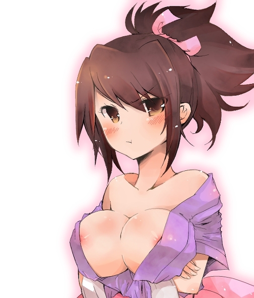 Rule 34 – areolae bare shoulders blush breast hold breasts brown eyes brown hair cleavage female female only hagino kaede hair ribbon huge breasts human japanese clothes ribbon sheena fujibayashi solo tales of (series) tales of symphonia | 494009