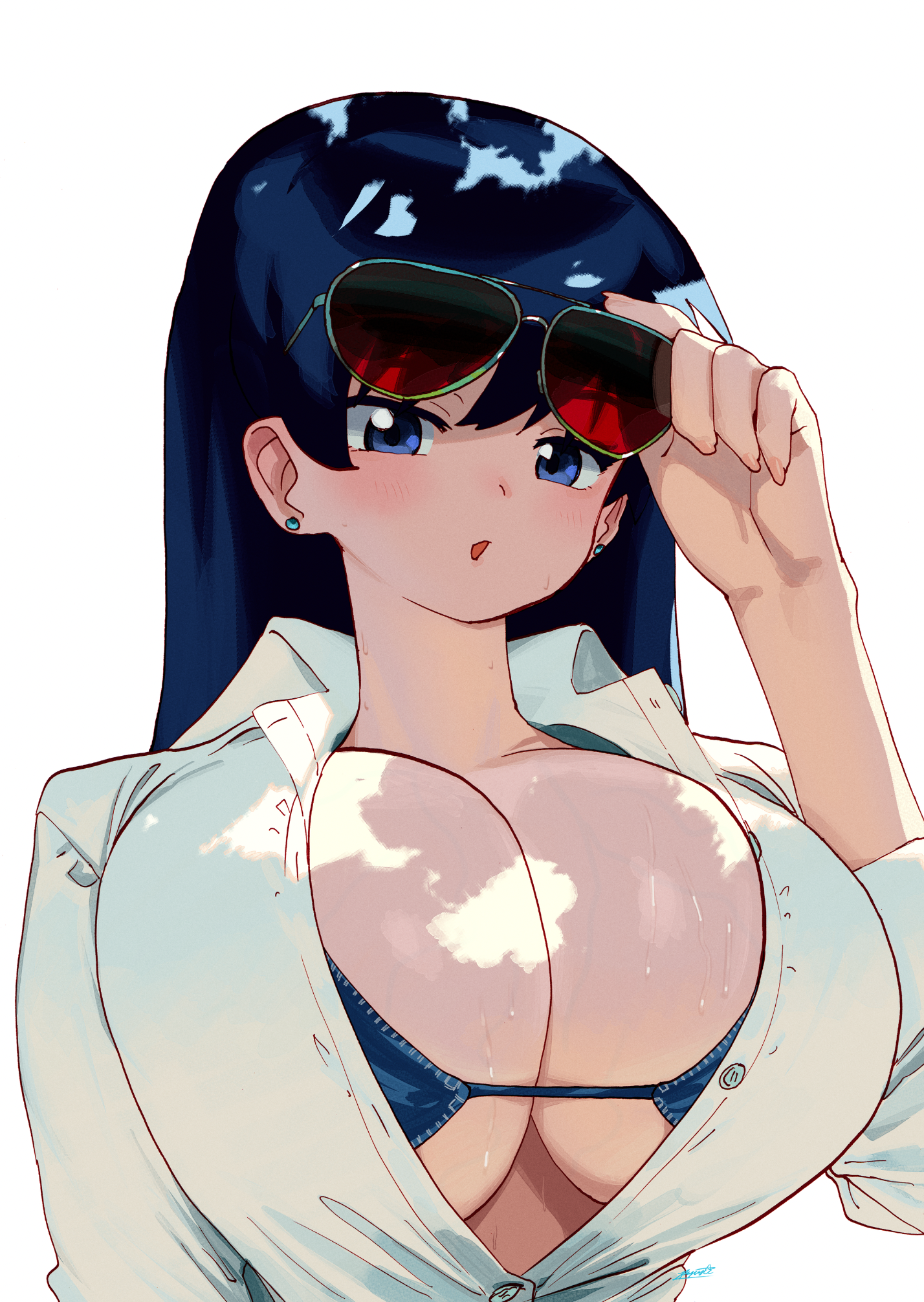 Rule 34 – 1girls about to burst about to pop arato nagi barely contained barely contained breasts barely fits bikini bikini under clothes black hair blue eyes breasts breasts too big bursting breasts button down shirt button gap button pop button popping buttons cleavage ear piercing eyewear on head female hashtag-only commentary highres huge breasts imminent wardrobe malfunction inconvenient boobs inconvenient breasts looking at viewer open clothes open shirt piercing popped button ruri no houseki ryusei hashida simple background straining buttons straining clothing sunglasses sweat swimsuit swimsuit under clothes tight fit too tight undersized clothes undersized clothing wardrobe malfunction white background | 14823911 /