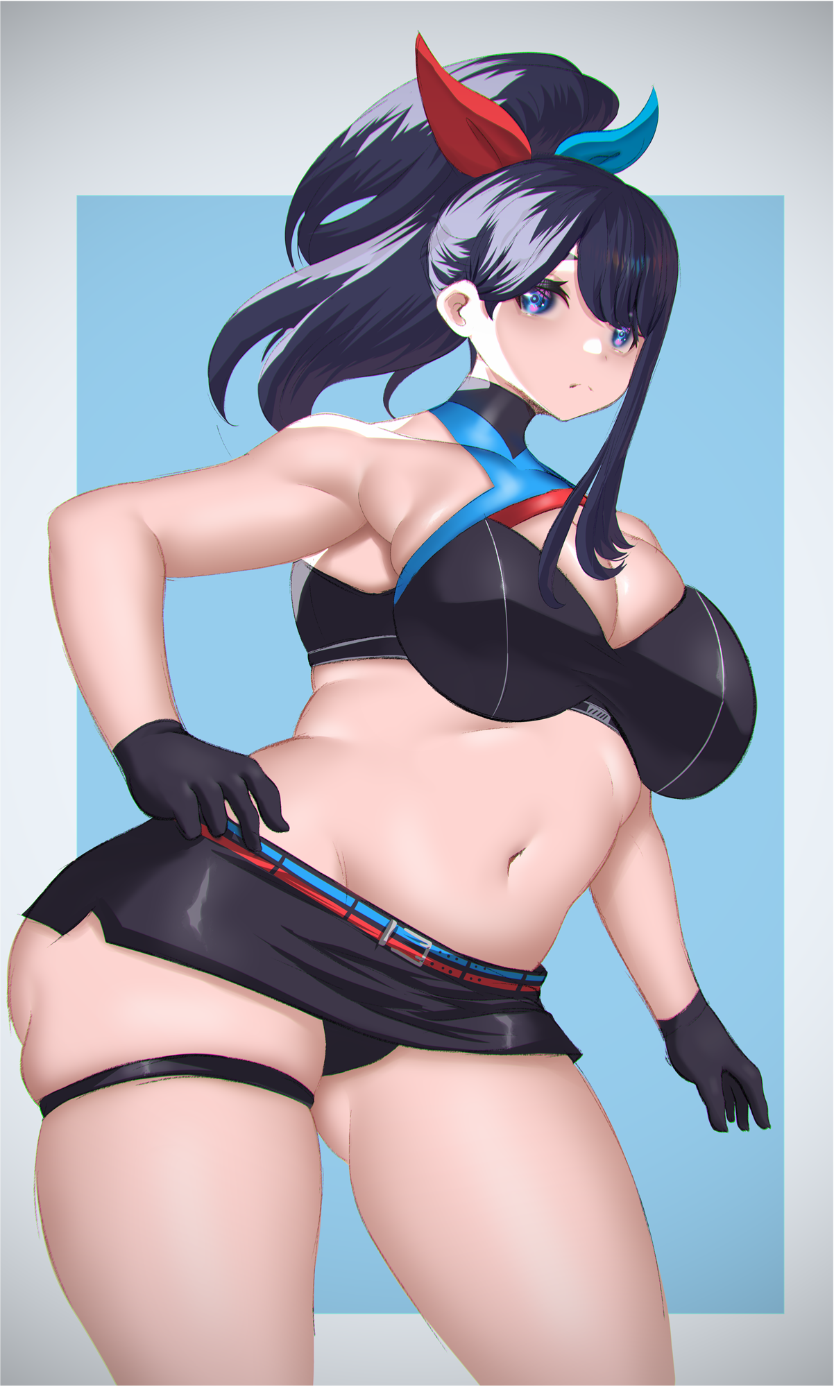 Rule 34 – ai generated black hair black skirt bleachedleaves blue eyes female gloves gridman universe hair ribbon light blush long hair microskirt navel official alternate costume ponytail ribbon simple background solo ssss.gridman swimsuit takarada rikka thick thighs thigh strap thighs wide hips | 9646887 /