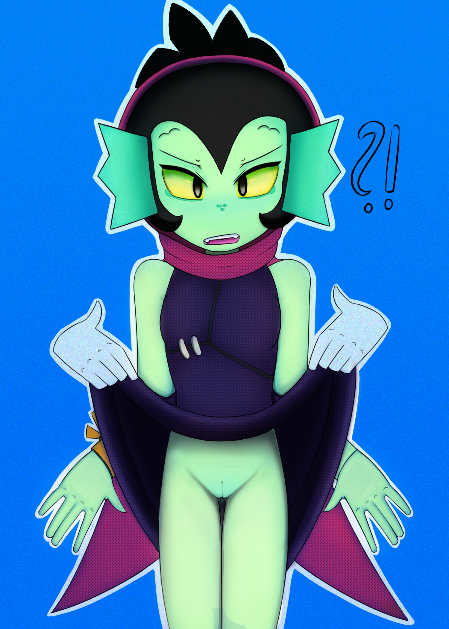 Rule 34 – black hair cape clothes lift confused female hashtag-only commentary highres monster girl nude pointy ears pussy scarf short hair skirt skirt lift willow willow (brawl stars) yellow eyes | 15557900 /