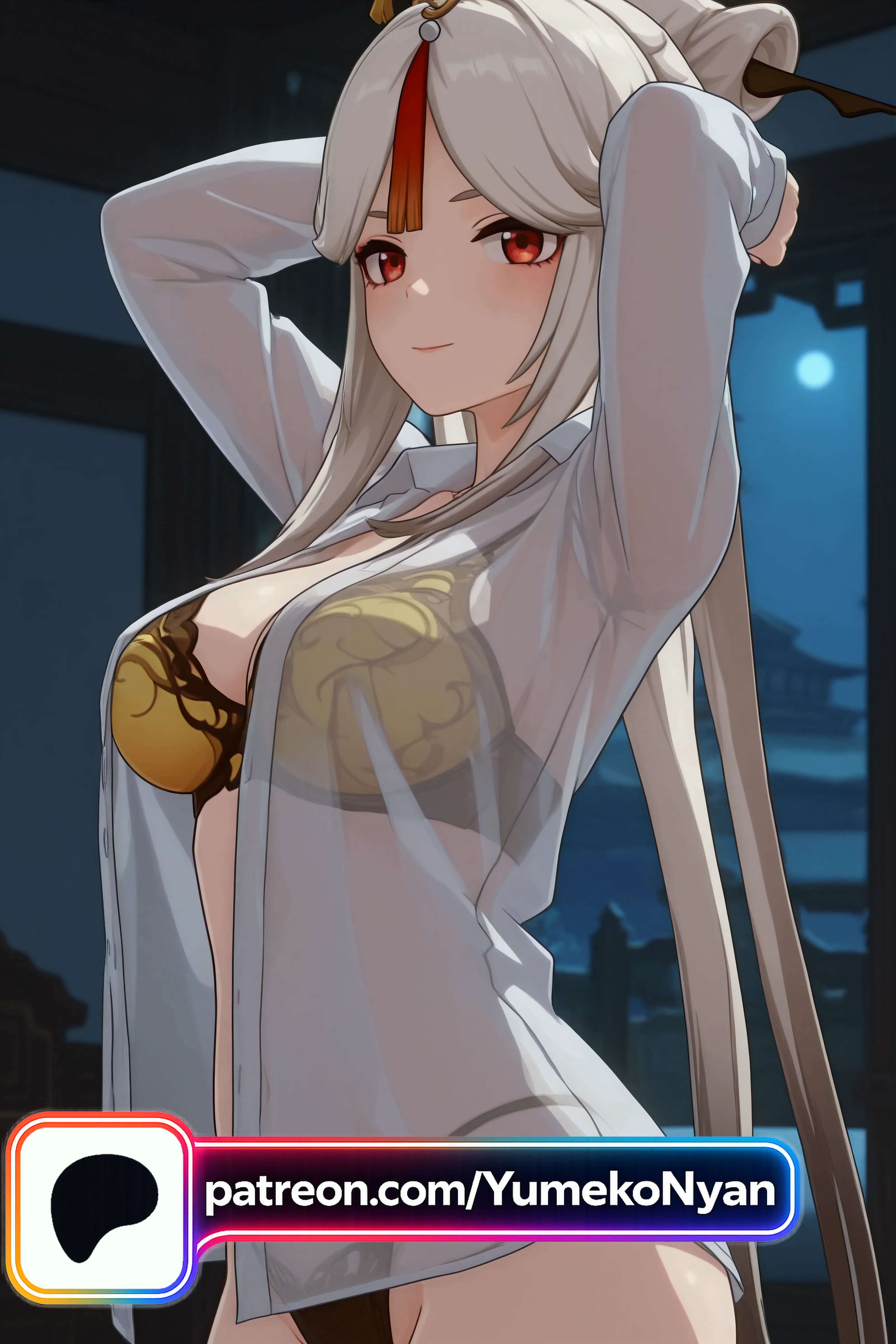 Rule 34 – 1girl adjusting hair ai generated arms behind head arms up artist name bangs black bra black panties blurry blurry background blush bow bra breasts character name cleavage closed mouth collared shirt copyright name cowboy shot dress shirt eyebrows visible through hair genshin impact grey hair hair bow hair bun hair ornament hands in hair heart horns hoyoverse indoors lace large breasts light smile lingerie lips long hair long ponytail long sleeves looking at viewer medium breasts multicolored hair navel night ningguang (genshin impact) oni horns open clothes open shirt orange eyes panties parted bangs ponytail prinz eugen (azur lane) ratingquestionable ratingsafe recording red eyes red hair ribbon see-through sheer clothes shirt sidelocks silver hair smile solo standing streaked hair swept bangs thighs two-tone hair tying hair underwear upper body very long hair viewfinder wet wet clothes wet shirt white hair white shirt window wing collar yellow bra | 18316820 /