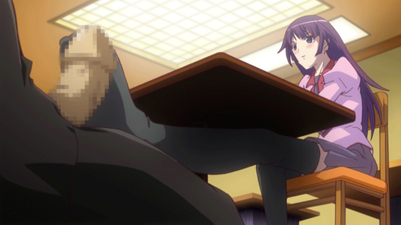 Rule 34 – animated bakemonogatari blue eyes blush censored feet footjob footjob with footwear kinako no yama long hair male monogatari (series) necktie penis purple hair school uniform senjougahara hitagi smile socks thighhighs under table under the table | 605627