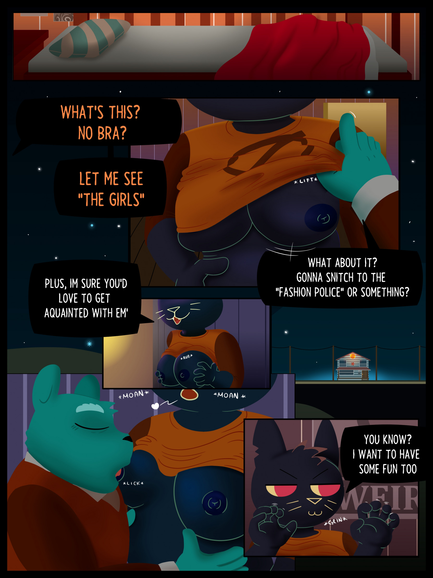 Rule 34 – age difference anthro bear blue body blue fur breast grab breast play breast squish breast sucking breasts clothed clothing clothing lift comic detailed background domestic cat duo felid feline felis female fur hand on breast hi res mae borowski male male/female mammal mischievous smile mr. chazokov night in the woods nipples onomatopoeia panel overlap shirt shirt lift smile smiling at partner sound effects squish sucking teot text topwear vector art | 9836398 /