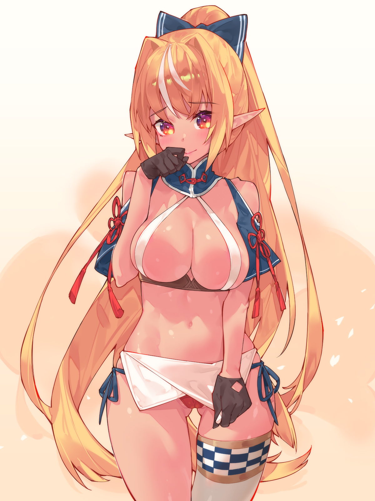 Rule 34 – 1girls blonde hair blush breast strap breasts butt fang clothing elf eyebrows visible through hair female female focus female only gloves hair ribbon half elf hololive hololive fantasy hololive japan large breasts midriff one stocking orange eyes pointy ears ponytail shiny skin shiranui flare simple background tanned skin virtual youtuber waterring | 5133453 /