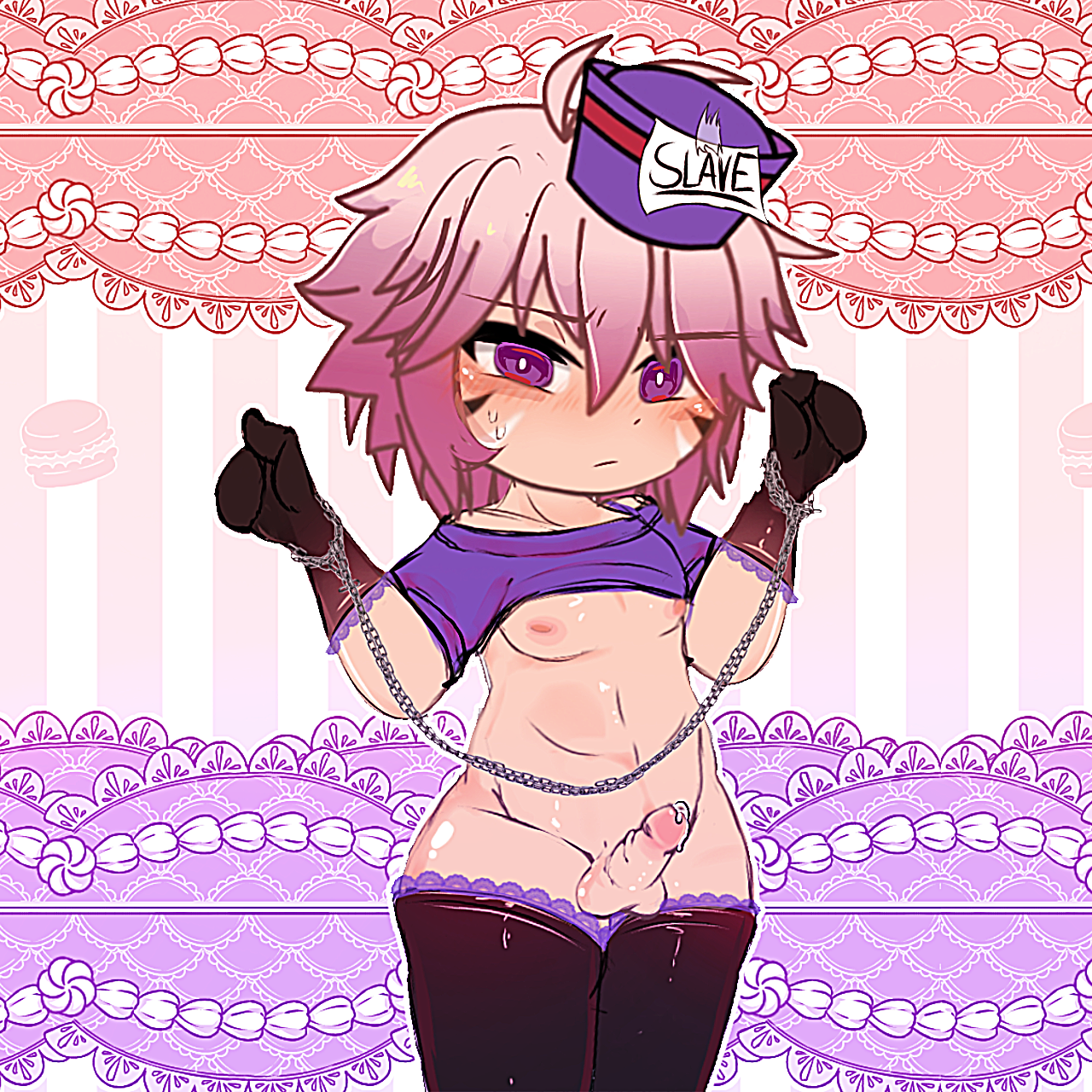 Rule 34 – awnlord chained arms femboy gacha gacha club gacha life high thighs lifted shirt light skin long socks looking at viewer male male only penis pink hair purple eyes purple hat red pupils slave small penis | 9824838 /
