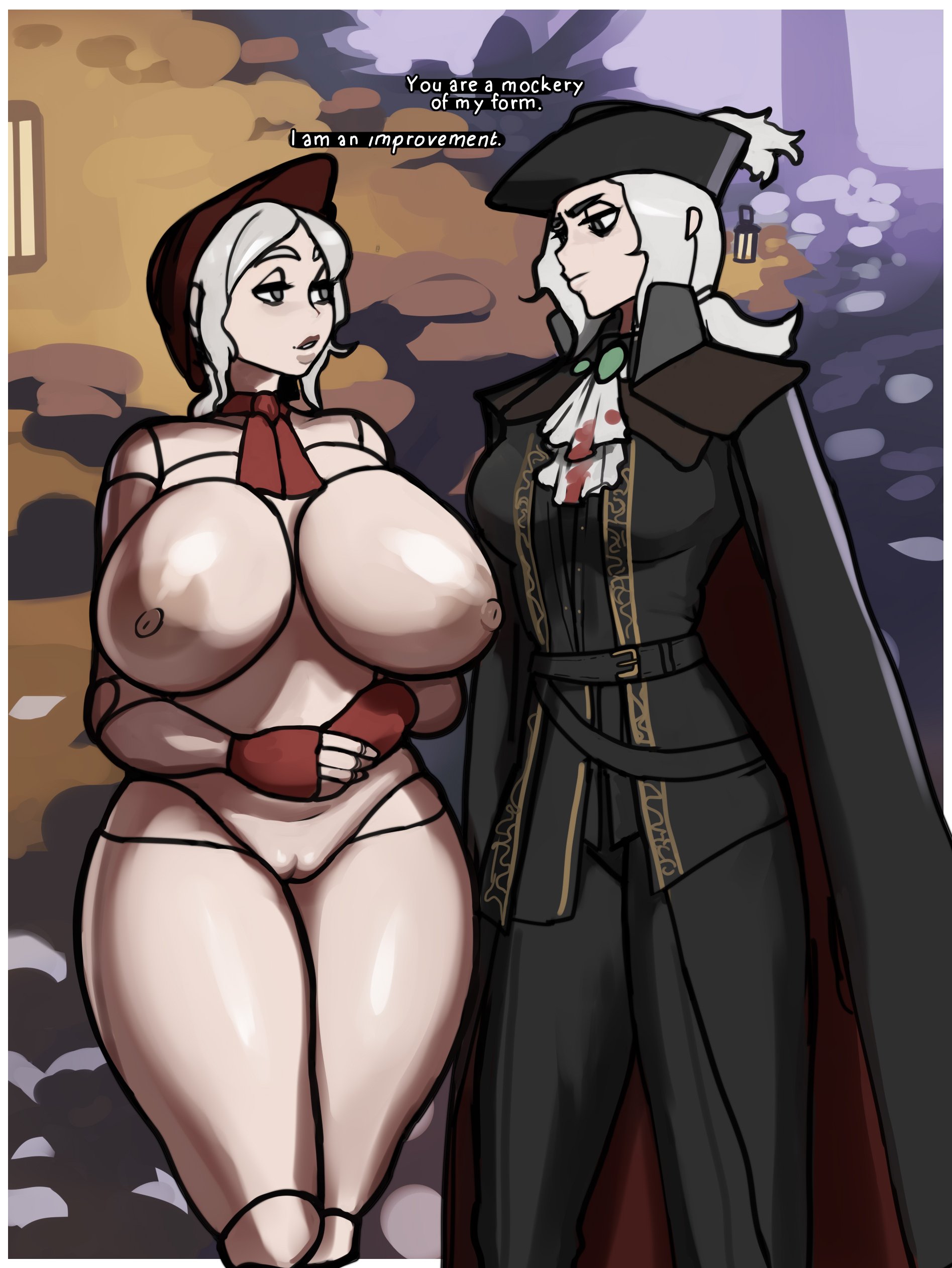 Rule 34 – 2d 2d (artwork) 2girls alternate self annoyed annoyed expression big breasts black clothing bloodborne breasts breasts bigger than head cloak clothed female nude female cravat dolecat doll girl doll joints english text female female only fromsoftware fully clothed hairless pussy huge breasts human humanoid lady maria of the astral clocktower light-skinned female light skin mocking multiple females multiple girls neckerchief no sex pale-skinned female pale skin plain doll pussy red neckerchief staredown text thick thighs tricorne | 9381145 /