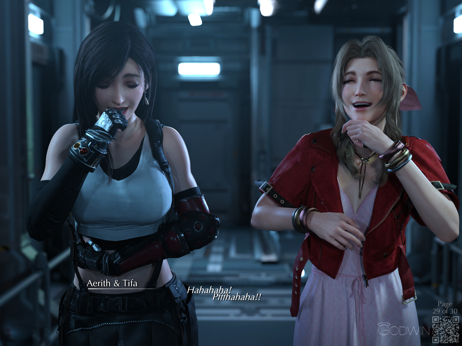 Rule 34 – 2girls 3d aerith gainsborough artist name bangle black gloves black hair black skirt blurry bracelet braid braided ponytail breasts closed eyes closed mouth commentary cum cum on body depth of field dress english commentary english text facial final fantasy final fantasy vii fingerless gloves gloves godwin3d highres jewelry large breasts laughing long hair low-tied long hair midriff multiple girls navel open mouth pink dress qr code skirt subtitled suspender skirt suspenders tank top tifa lockhart white tank top | 18749024 /