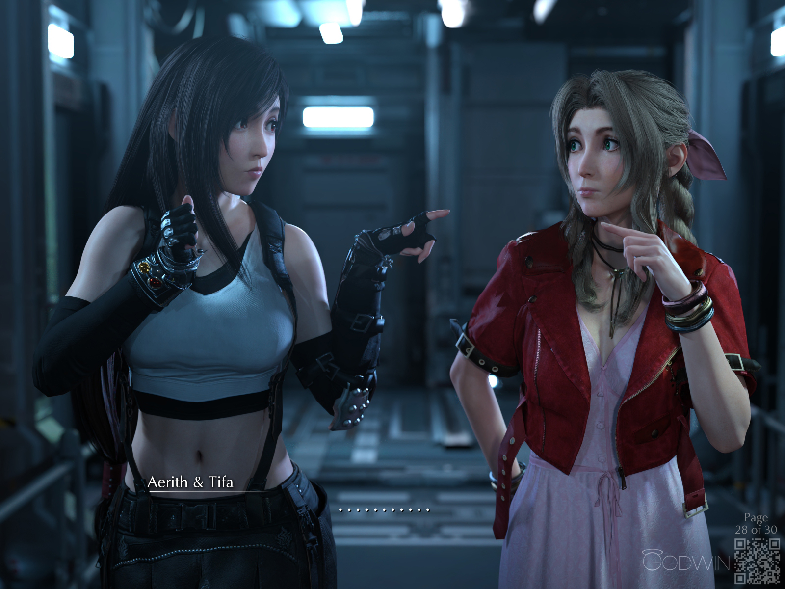 Rule 34 – 2girls 3d aerith gainsborough artist name bangle black gloves black hair black skirt blurry bracelet braid braided ponytail breasts closed mouth commentary cum cum on body depth of field dress english commentary english text facial final fantasy final fantasy vii fingerless gloves gloves godwin3d green eyes highres jewelry large breasts long hair low-tied long hair midriff multiple girls navel pink dress pointing pointing at another qr code red eyes skirt subtitled suspender skirt suspenders tank top tifa lockhart white tank top | 18749023 /