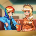 1132976 047 002 1160810 safe rainbow dash applejack clothes humanized looking at you sitting winged humanization freckles duo